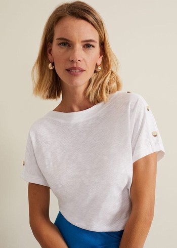 Phase Eight Suzie Button Detail T Shirts White USA | 6941583-EO